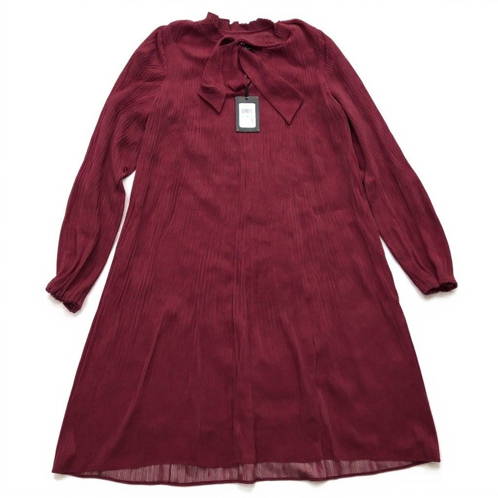 NWT DKNY Pleated Tie Neck Shift Dress 8 Maroon Long Sleeve with Neck Bow
